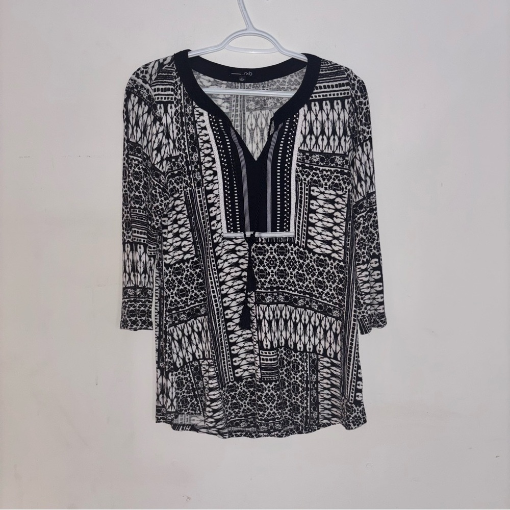 RXB Black White Boho Tassel Tunic Blouse Size M